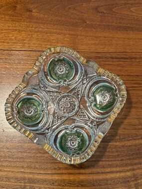 Antique U.S. Glass Spinning Star EAPG Pattern Glass Square Bon-Bone-Green & Gold